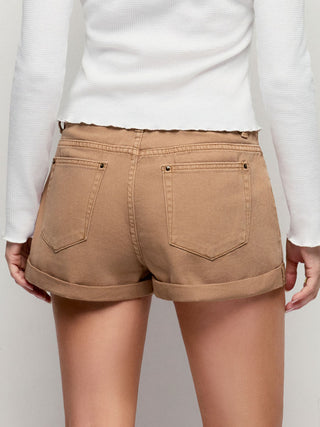 Denim Low Rise Washed Metal Detail Roll Hem Micro Shorts