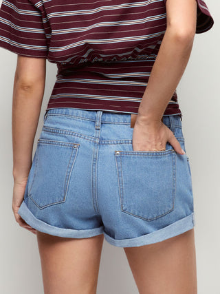 Denim Low Rise Washed Metal Detail Roll Hem Micro Shorts