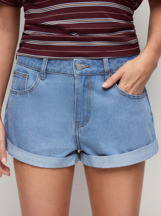 Denim Low Rise Washed Metal Detail Roll Hem Micro Shorts