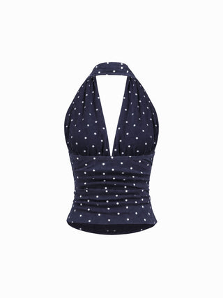 Cotton-blend Halter Cowl Neck Polka Dot Ruched Top