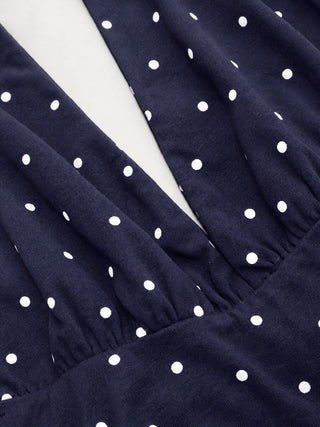 Cotton-blend Halter Cowl Neck Polka Dot Ruched Top