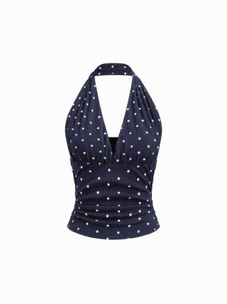 Cotton-blend Halter Cowl Neck Polka Dot Ruched Top