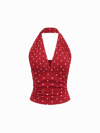 Cotton-blend Halter Cowl Neck Polka Dot Ruched Top