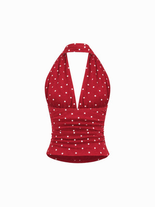 Cotton-blend Halter Cowl Neck Polka Dot Ruched Top