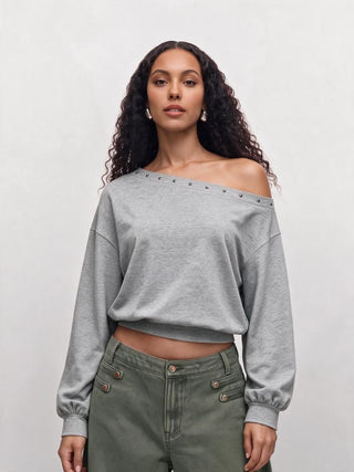 Cotton-blend Asymmetrical Neck Metal Detail Super Oversized Sweatshirt