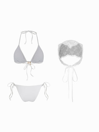 Halter Neckline Charm Detail Triangle Tie Side Bikini Set With Lace Sarong
