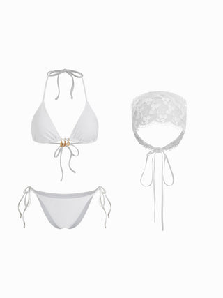 Halter Neckline Charm Detail Triangle Tie Side Bikini Set With Lace Sarong