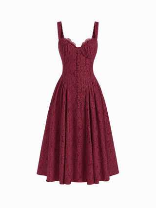 Cotton-blend Textured Lace Sweetheart Neck Flared Midi Dress