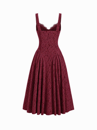 Cotton-blend Textured Lace Sweetheart Neck Flared Midi Dress