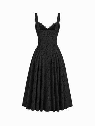 Cotton-blend Textured Lace Sweetheart Neck Flared Midi Dress