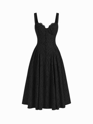Cotton-blend Textured Lace Sweetheart Neck Flared Midi Dress