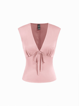 Satin V-Neck Ruched Bowknot Tank Blouse