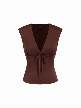 Satin V-Neck Ruched Bowknot Tank Blouse