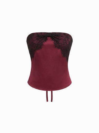 Satin Strapless Lace Panel Tie Back Bandeau Top