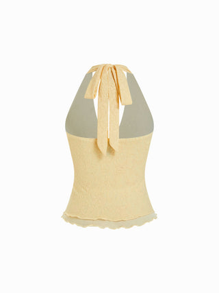 Floral Jacquard Lace Halter Neckline Ring Detail Tank Top