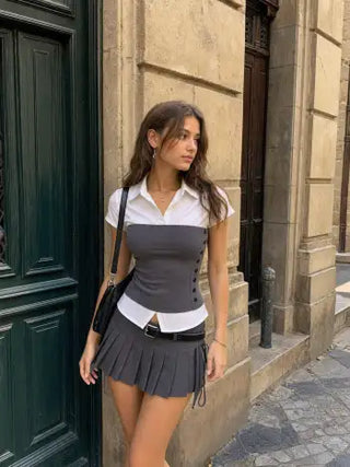 Two-Tone Mock Bustier Collared Short Sleeve Shirt
