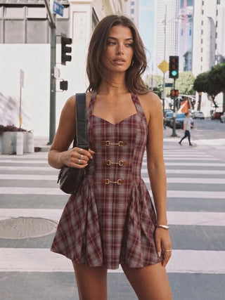 Plaid Halter Neckline Lace Up Milkmaid Mini Dress