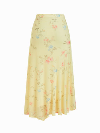 Mesh Mid Rise Abstract Graphic Floral Asymmetrical Hem Maxi Skirt
