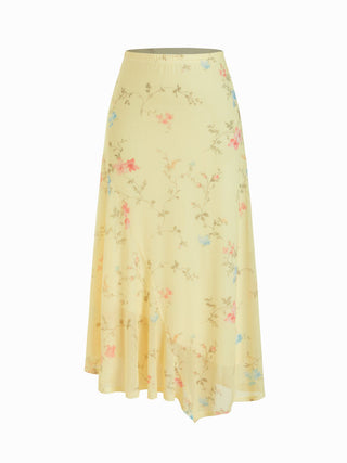 Mesh Mid Rise Abstract Graphic Floral Asymmetrical Hem Maxi Skirt