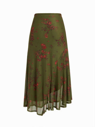 Mesh Mid Rise Abstract Graphic Floral Asymmetrical Hem Maxi Skirt