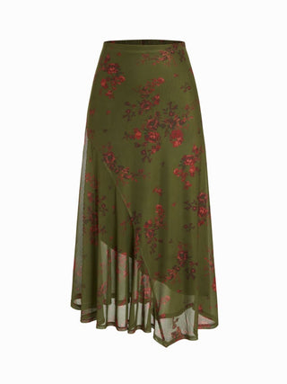 Mesh Mid Rise Abstract Graphic Floral Asymmetrical Hem Maxi Skirt