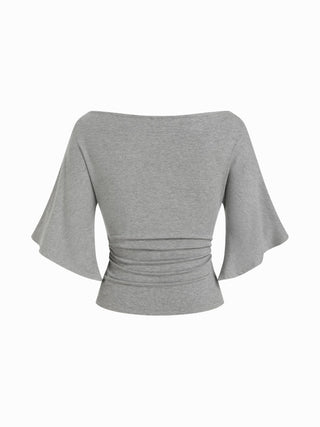 Boat Neck Mid-length Bell Sleeve Ruched Tee