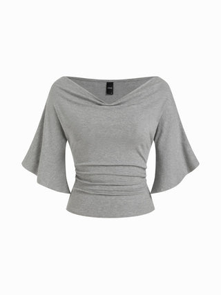 Boat Neck Mid-length Bell Sleeve Ruched Tee