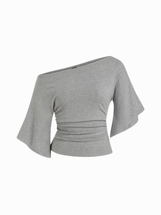 Boat Neck Mid-length Bell Sleeve Ruched Tee