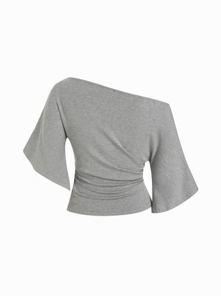 Boat Neck Mid-length Bell Sleeve Ruched Tee