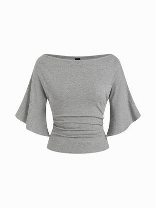 Boat Neck Mid-length Bell Sleeve Ruched Tee