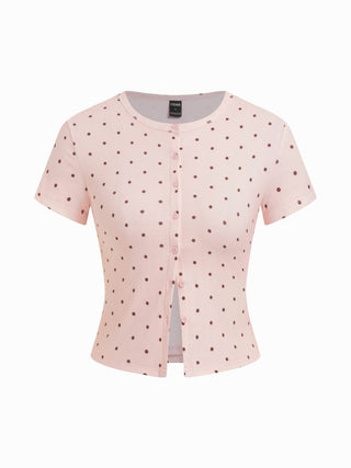 Round Neckline Solid Button Short Sleeve Top