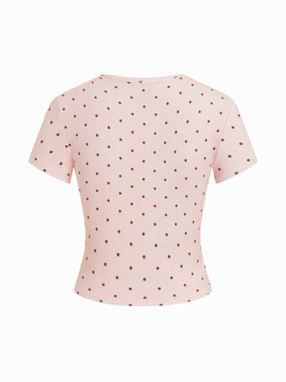 Round Neckline Solid Button Short Sleeve Top