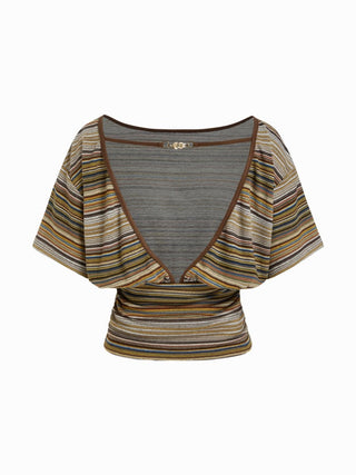 Boat Neck Batwing Sleeve Backless Drawstring Metal Detail Oversized Crop Tee