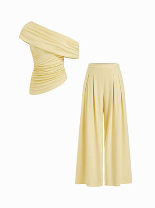 Asymmetrical Neck Ruched Top & Mid Rise Wide Leg Trousers Set