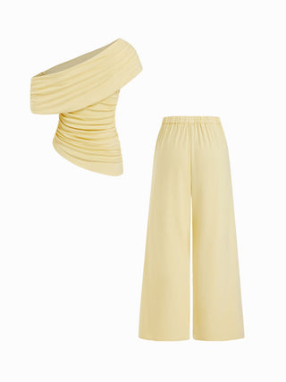 Asymmetrical Neck Ruched Top & Mid Rise Wide Leg Trousers Set