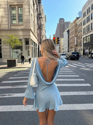 Satin Boat Neck Bell Sleeve Backless Mini Dress