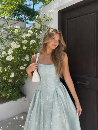 Floral Jacquard  Lace-up Corset Cami A-Line Maxi Dress