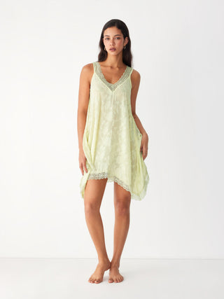 Jacquard Floral V-neck Lace Trim Hanky Hem Midi Nightdress