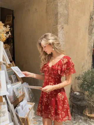 Chiffon V-Neck Dolman Sleeve Floral ALINE Short Dress