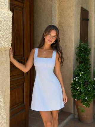 Cotton Textured Square Neck Lace Trim A-line Mini Dress