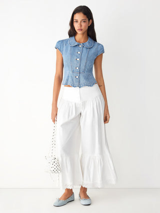Denim Floral Graphic Peter Pan Collar Puff Sleeve Embroidery Blouse