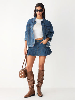 Denim Mid Rise Washed Pleated Metal Detail Micro Mini Skort