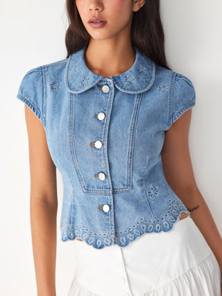 Denim Floral Graphic Peter Pan Collar Puff Sleeve Embroidery Blouse