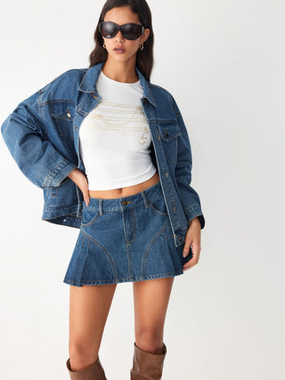 Denim Mid Rise Washed Pleated Metal Detail Micro Mini Skort