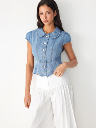 Denim Floral Graphic Peter Pan Collar Puff Sleeve Embroidery Blouse