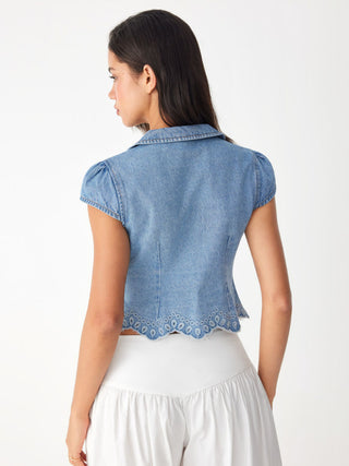 Denim Floral Graphic Peter Pan Collar Puff Sleeve Embroidery Blouse