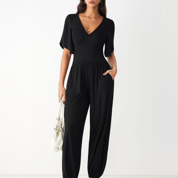 V-neck Bell Sleeve Ruched Jogger Jumpsuit