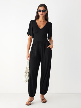 V-neck Bell Sleeve Ruched Jogger Jumpsuit