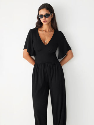 V-neck Bell Sleeve Ruched Jogger Jumpsuit