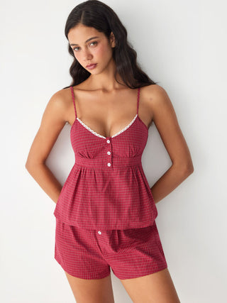 Cotton Gingham Square Neck Lace Trim Cami Top & Mid Rise Shorts Loungewear Set
